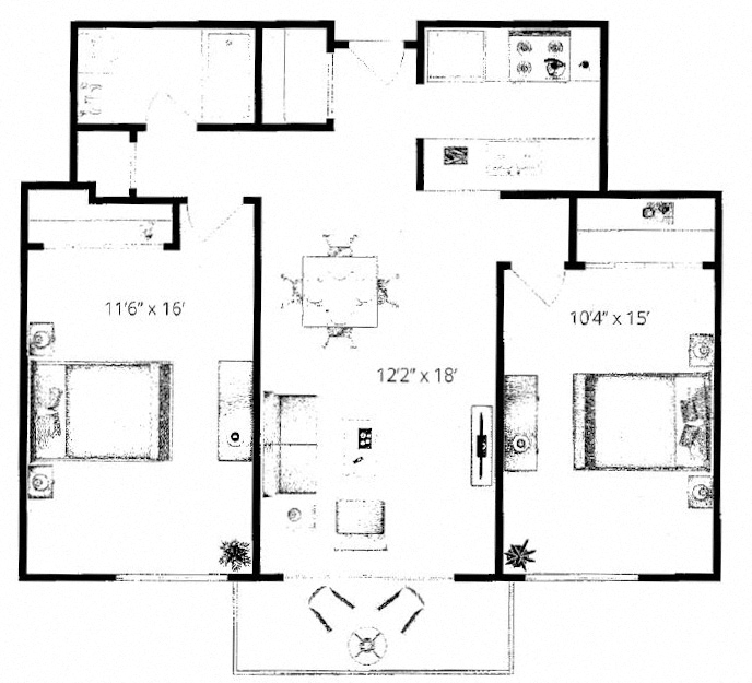 2 Bedroom 1 Bathroom Floorplan Layout. at Waterford Place, Massachusetts, 02118